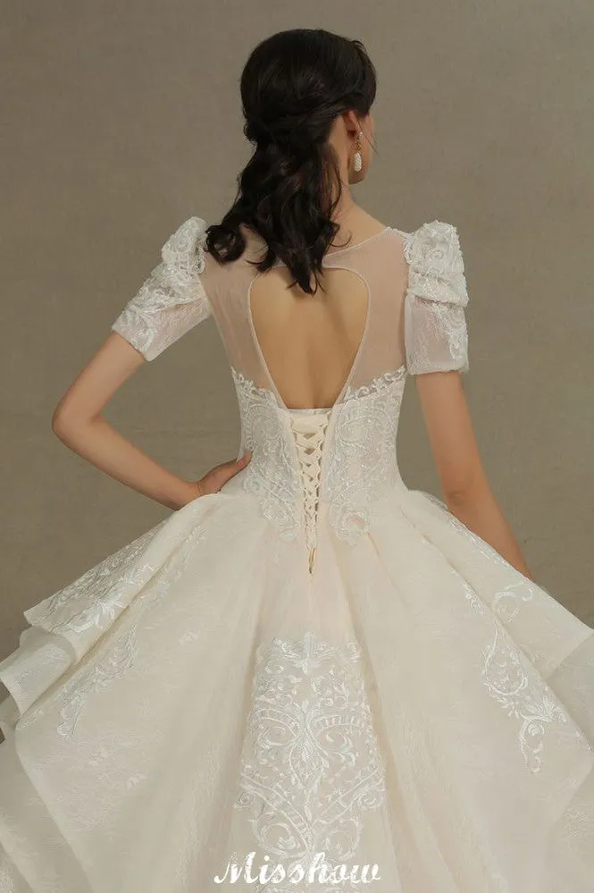 Chic Short Sleeves Tulle Lace Appliques Bridal Gown Spring Garden Wedding Dress