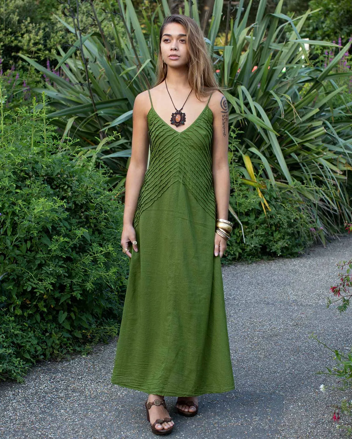 Cotton Two Leaves Dress Green