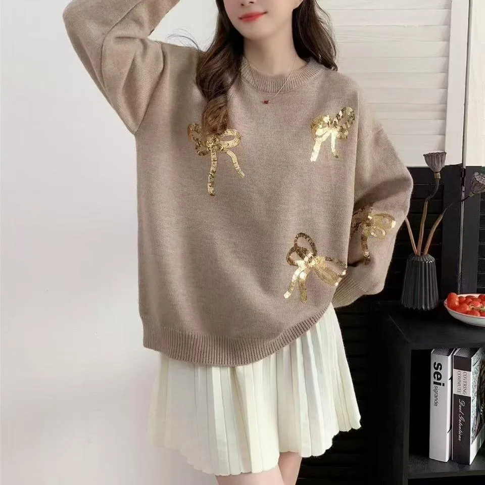 Crystella 3D Sequinned Bow detailing Sweaters