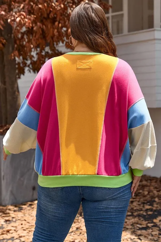 Curvy Colorblock Patchwork Exposed Sweatshirt