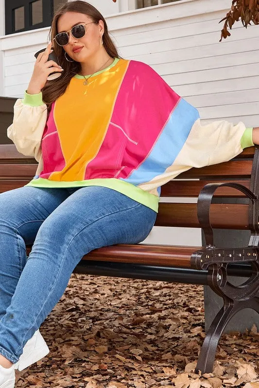 Curvy Colorblock Patchwork Exposed Sweatshirt