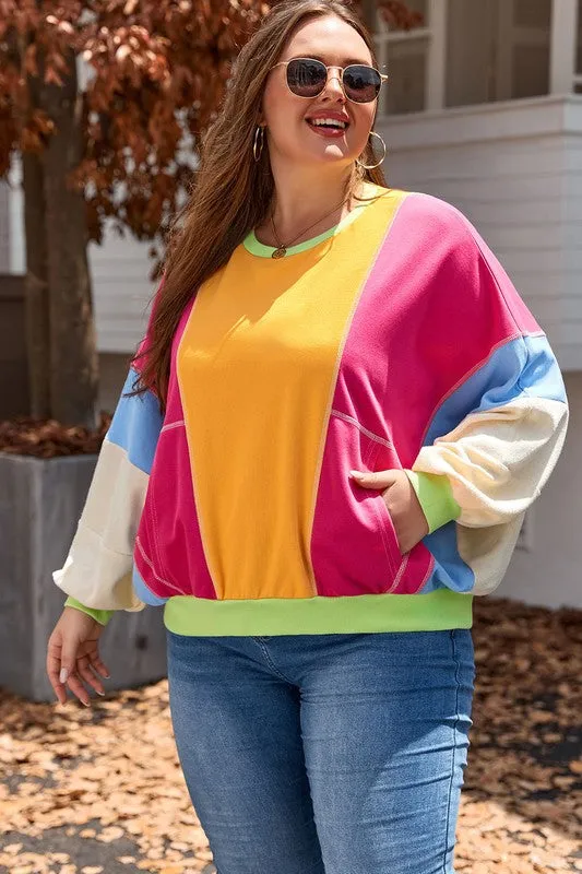 Curvy Colorblock Patchwork Exposed Sweatshirt