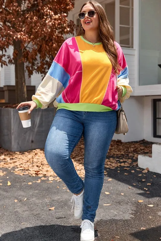 Curvy Colorblock Patchwork Exposed Sweatshirt