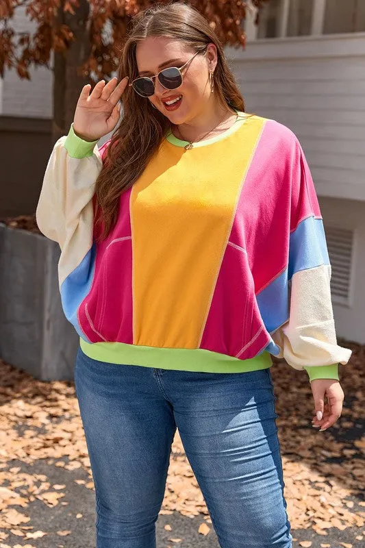 Curvy Colorblock Patchwork Exposed Sweatshirt