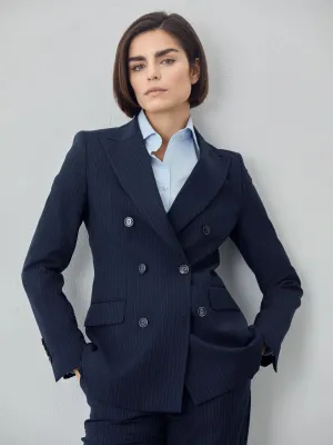 Double Breasted Dark Blue Pinstripes Suit In Wool Blend