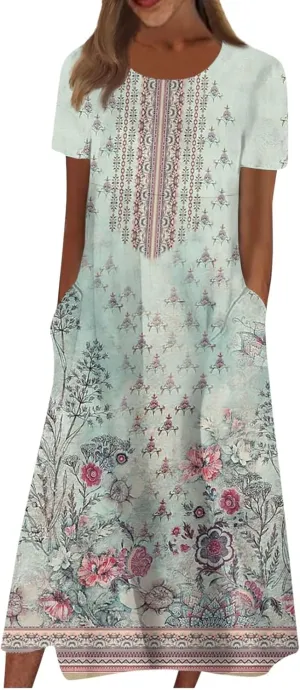 Dresses for Women 2024 Pocket Printed Dresses Pleated Round Neck Long Dresses Short Sleeve Elegant Maxi Dress
