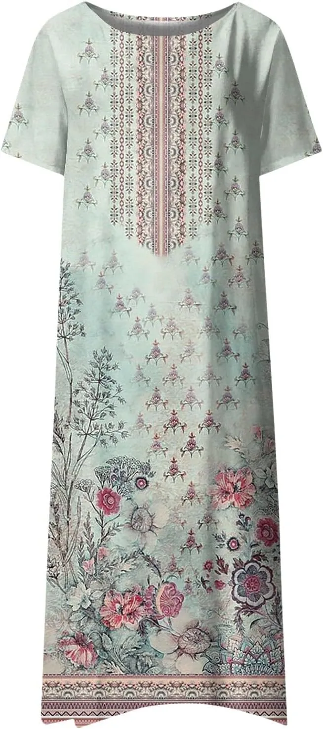Dresses for Women 2024 Pocket Printed Dresses Pleated Round Neck Long Dresses Short Sleeve Elegant Maxi Dress