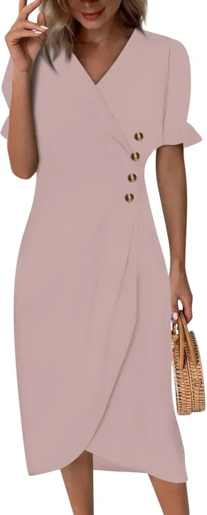Dresses for Women 2025 V Neck Short Sleeve Dresses Ruffle Hem Printed Dress Summer Beach Dress Midi Elegant Dresses