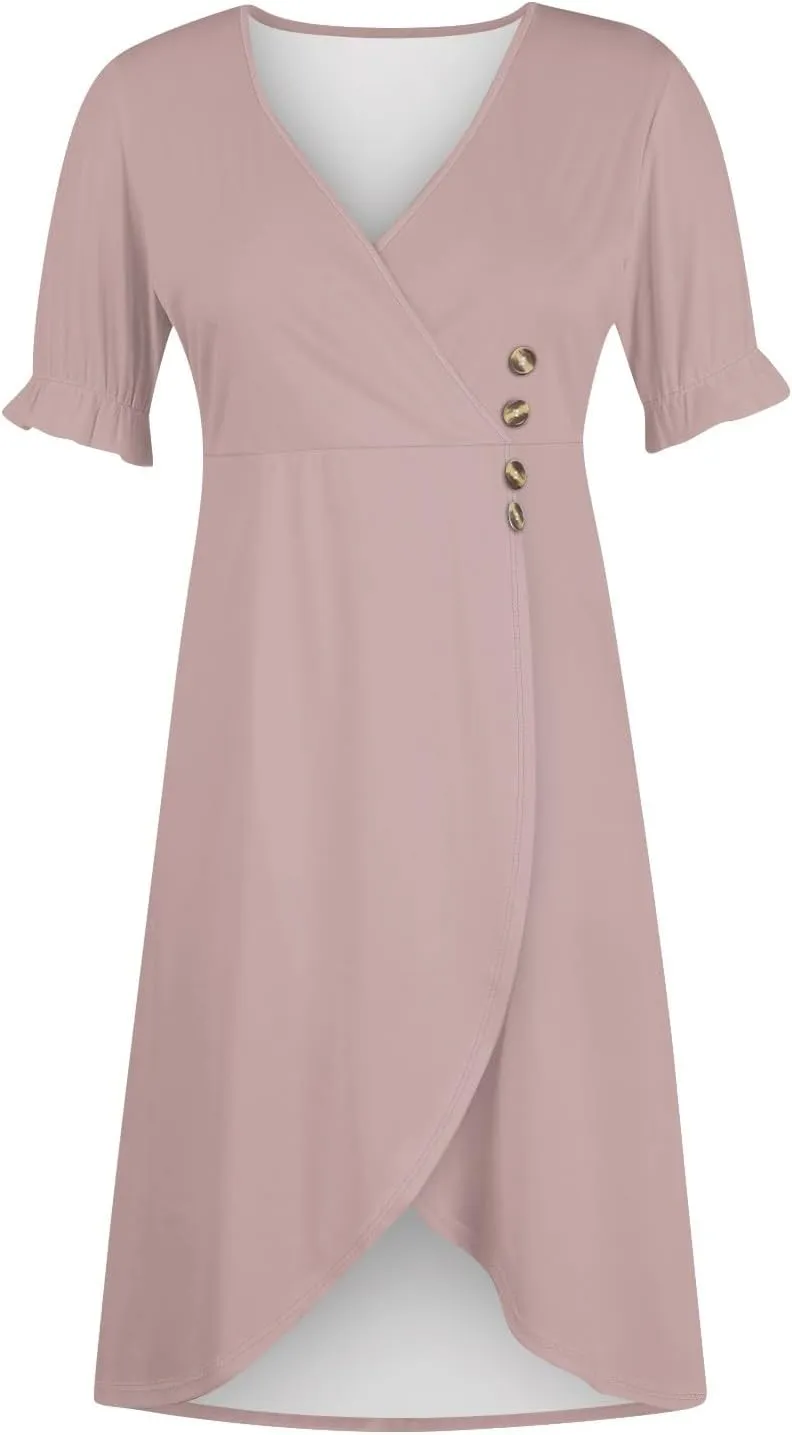 Dresses for Women 2025 V Neck Short Sleeve Dresses Ruffle Hem Printed Dress Summer Beach Dress Midi Elegant Dresses
