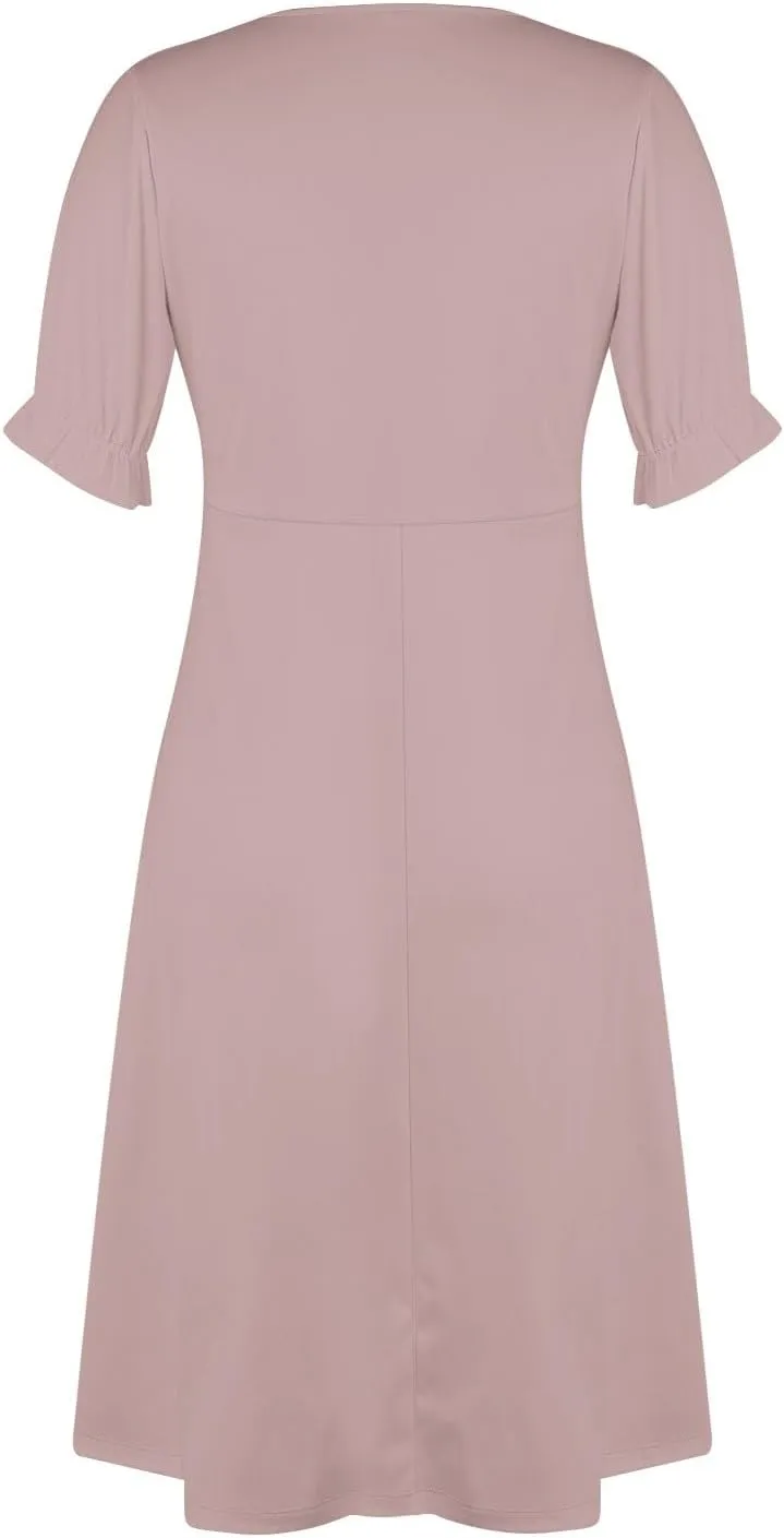 Dresses for Women 2025 V Neck Short Sleeve Dresses Ruffle Hem Printed Dress Summer Beach Dress Midi Elegant Dresses