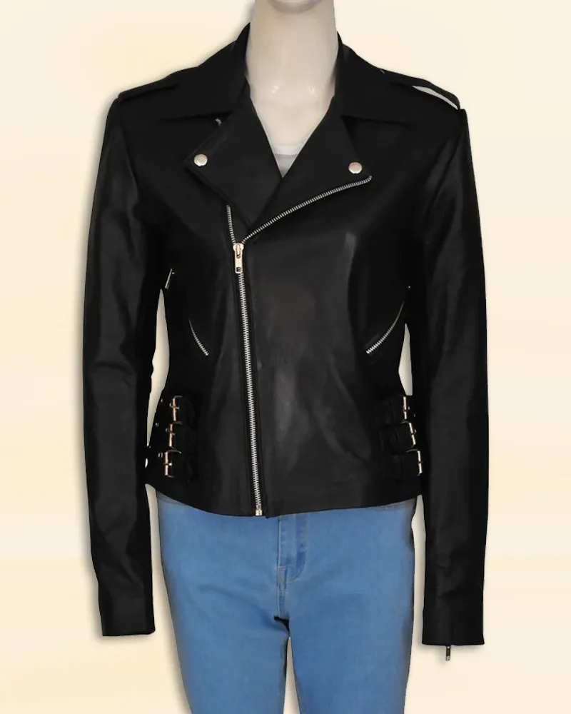 Elegant Black Motorcycle Leather Jacket Worn By Kim Kardashian | Kim Kardashian Elegant Black Motorcycle Leather Jacket