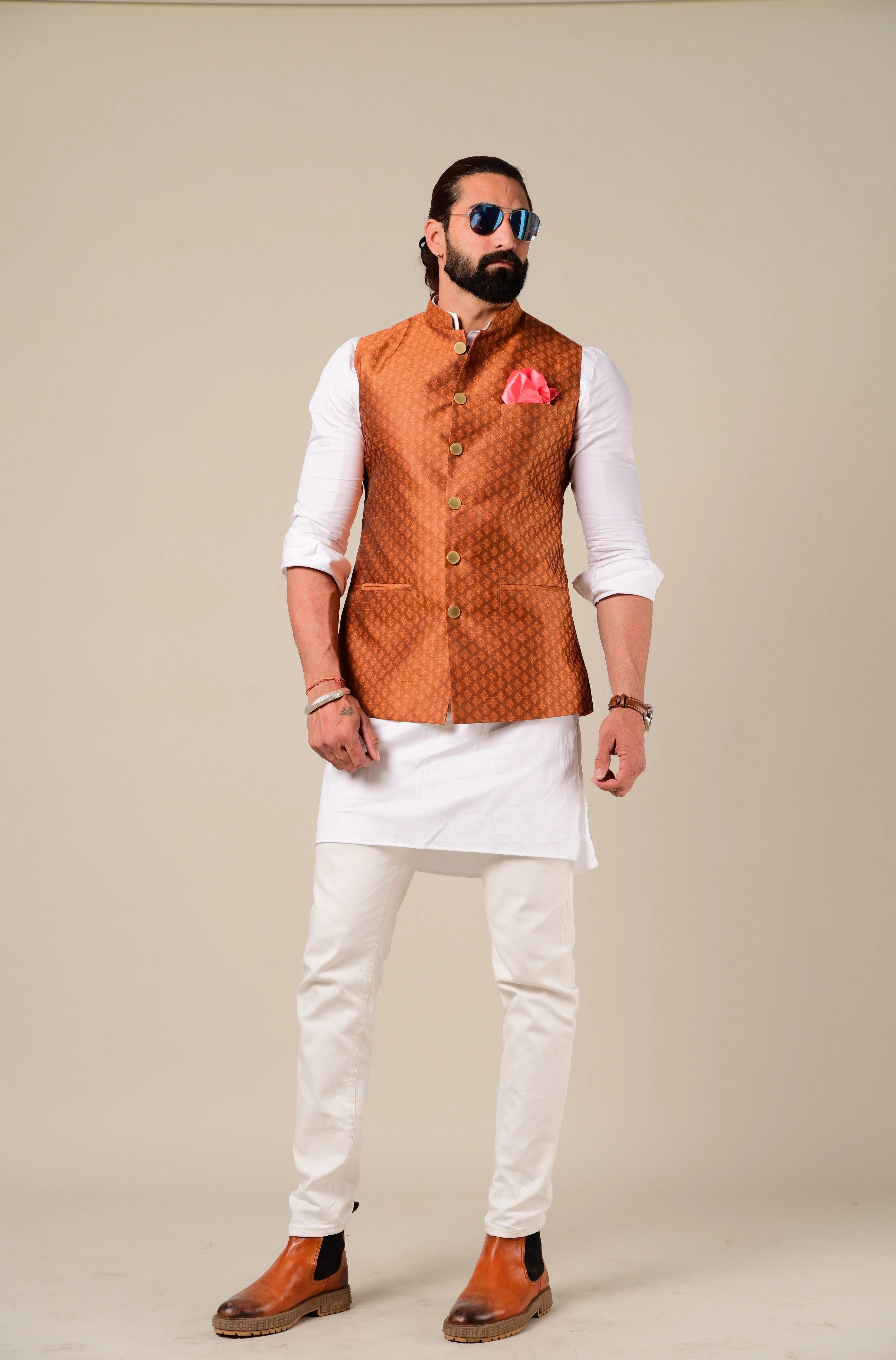 Elegant Bright Rust Half Jodhpuri Jacket With Kurta Pajama Set