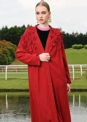 Embroidered Floral Woolen Long Cardigan Fall