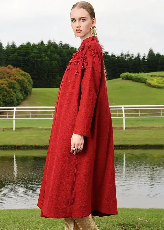 Embroidered Floral Woolen Long Cardigan Fall