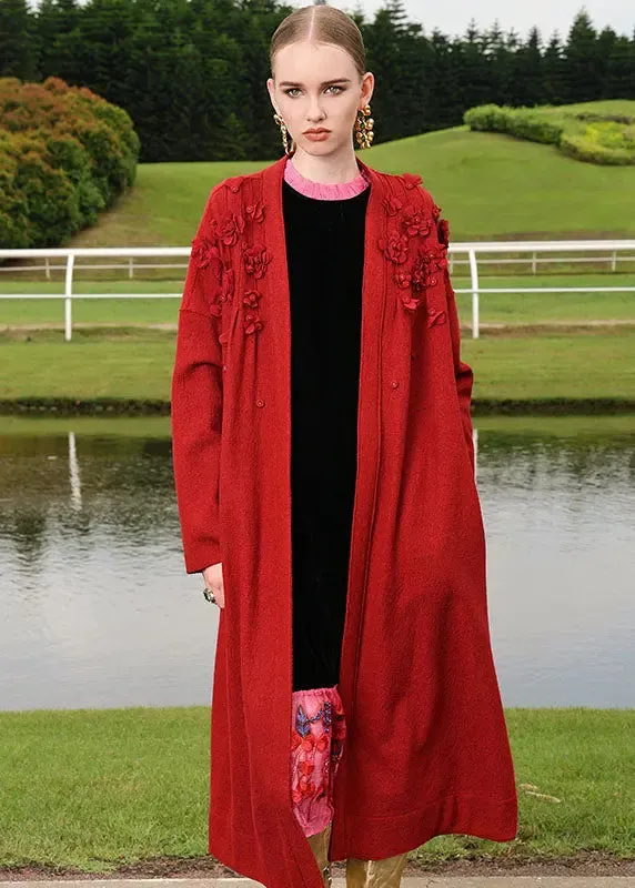 Embroidered Floral Woolen Long Cardigan Fall