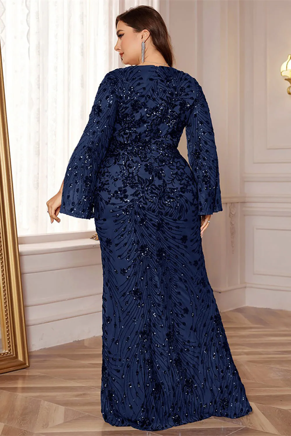 Glitter Black A Line V Neck Plus Size Maxi Wedding Guest Dress