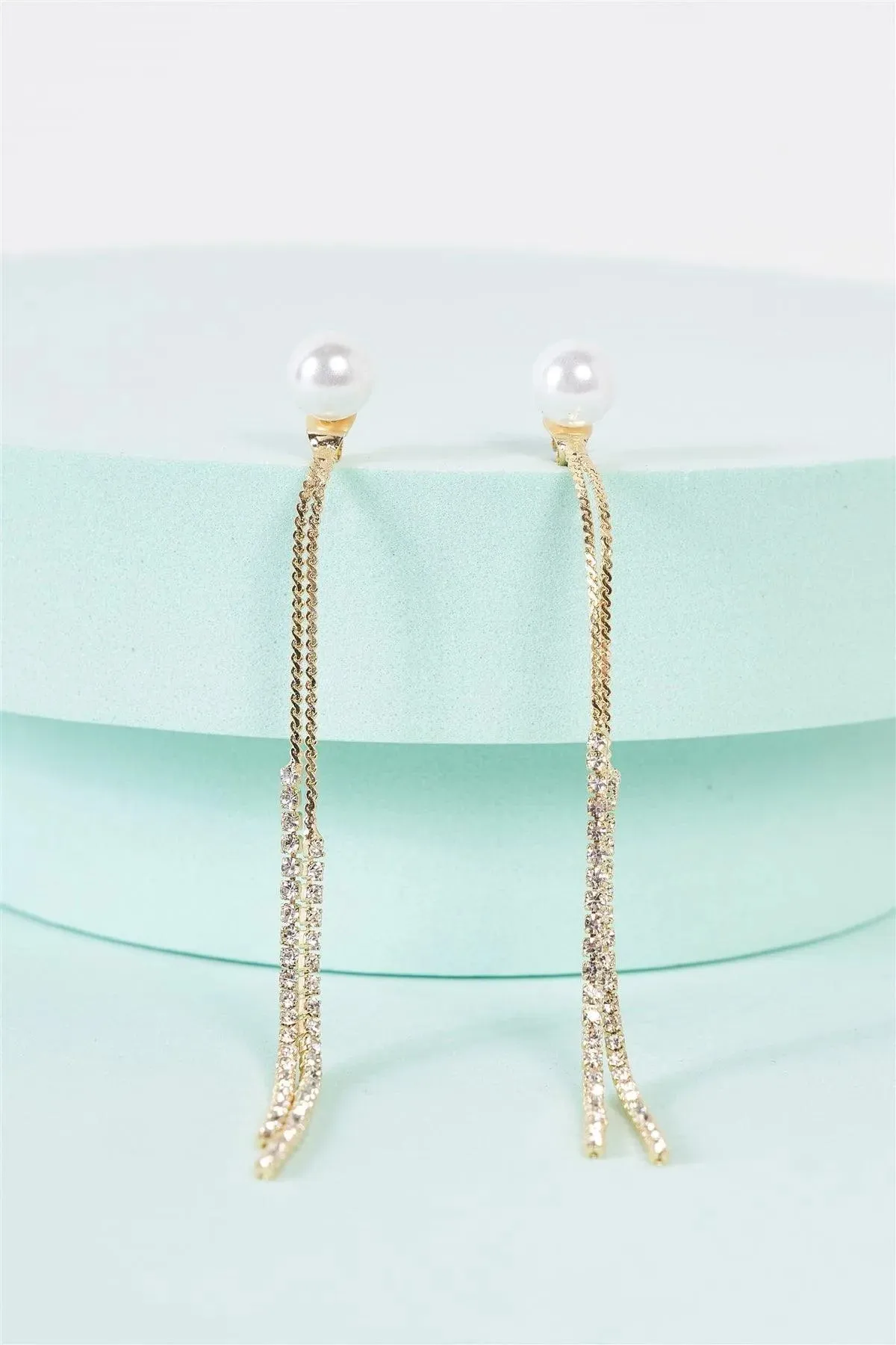 Gold Pearl Rhinestone Ear Jacket Tassel Drop Earrings