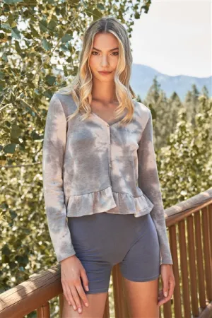 Grey Bleached Tie-Dye Buttoned Flare Hem Sweater Top