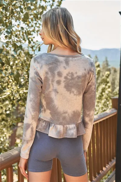 Grey Bleached Tie-Dye Buttoned Flare Hem Sweater Top