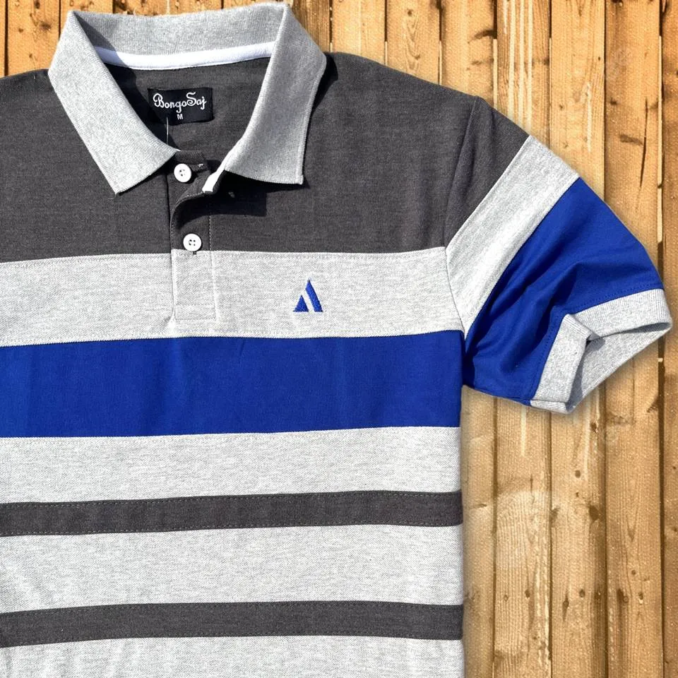 Grey Collar Polo T-Shirt Intense Grey with Blue 3 Stripes