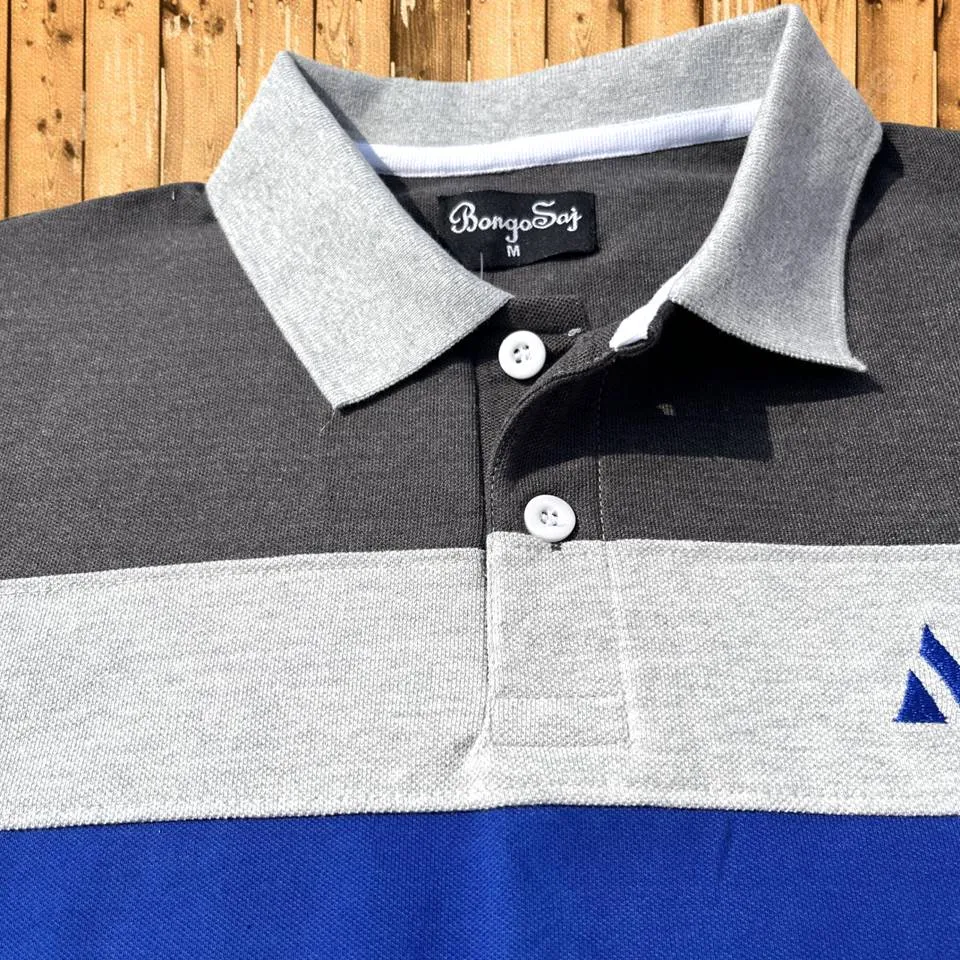 Grey Collar Polo T-Shirt Intense Grey with Blue 3 Stripes