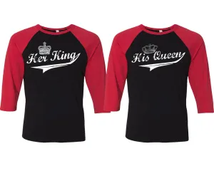 Her King & His Queen Couple Matching Adult Contrast Raglan 3/4 Sleeve Baseball T-Shirts – Sold Separately in Unisex Sizes for Him & Her