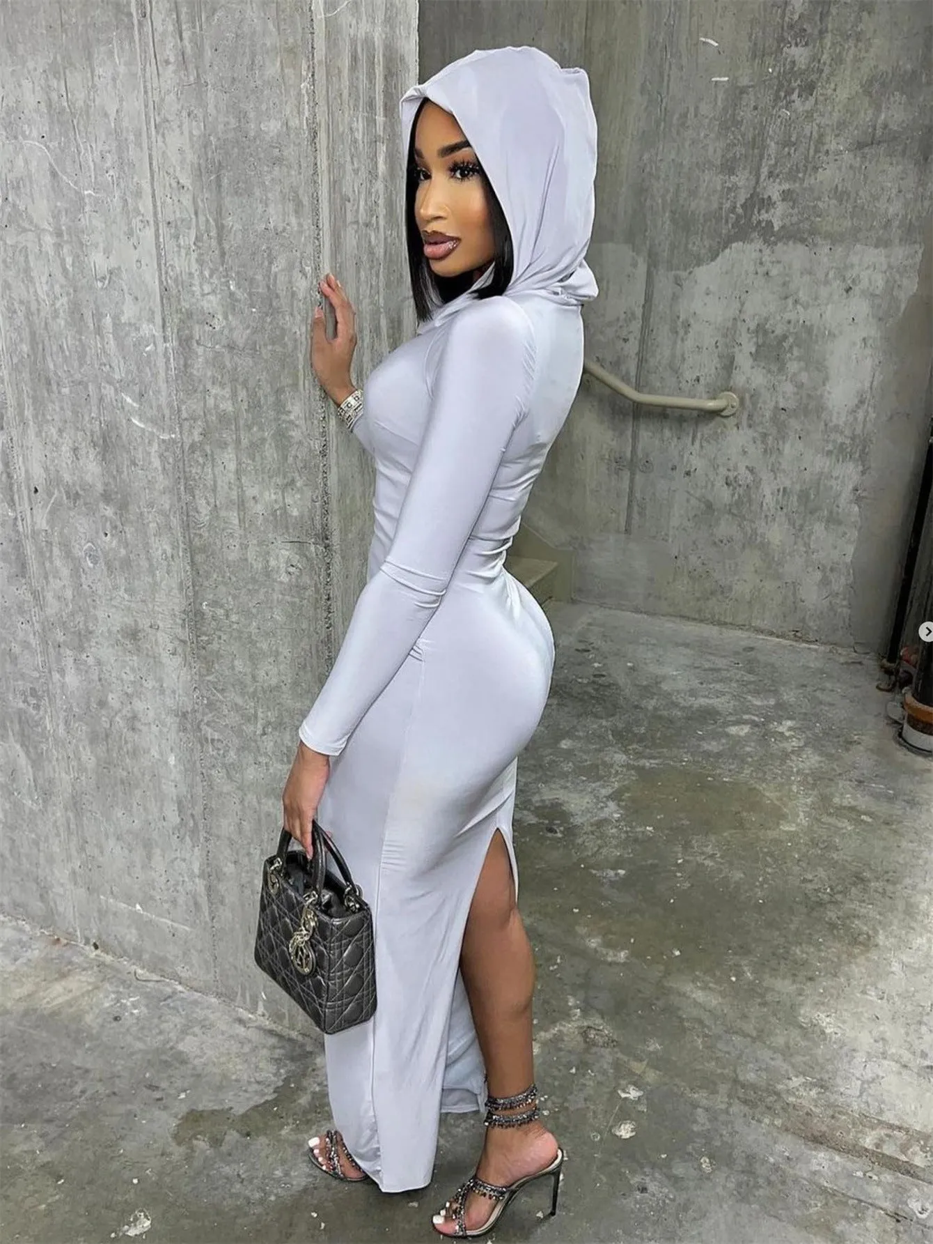 Hooded Solid Color Long Sweater Dress