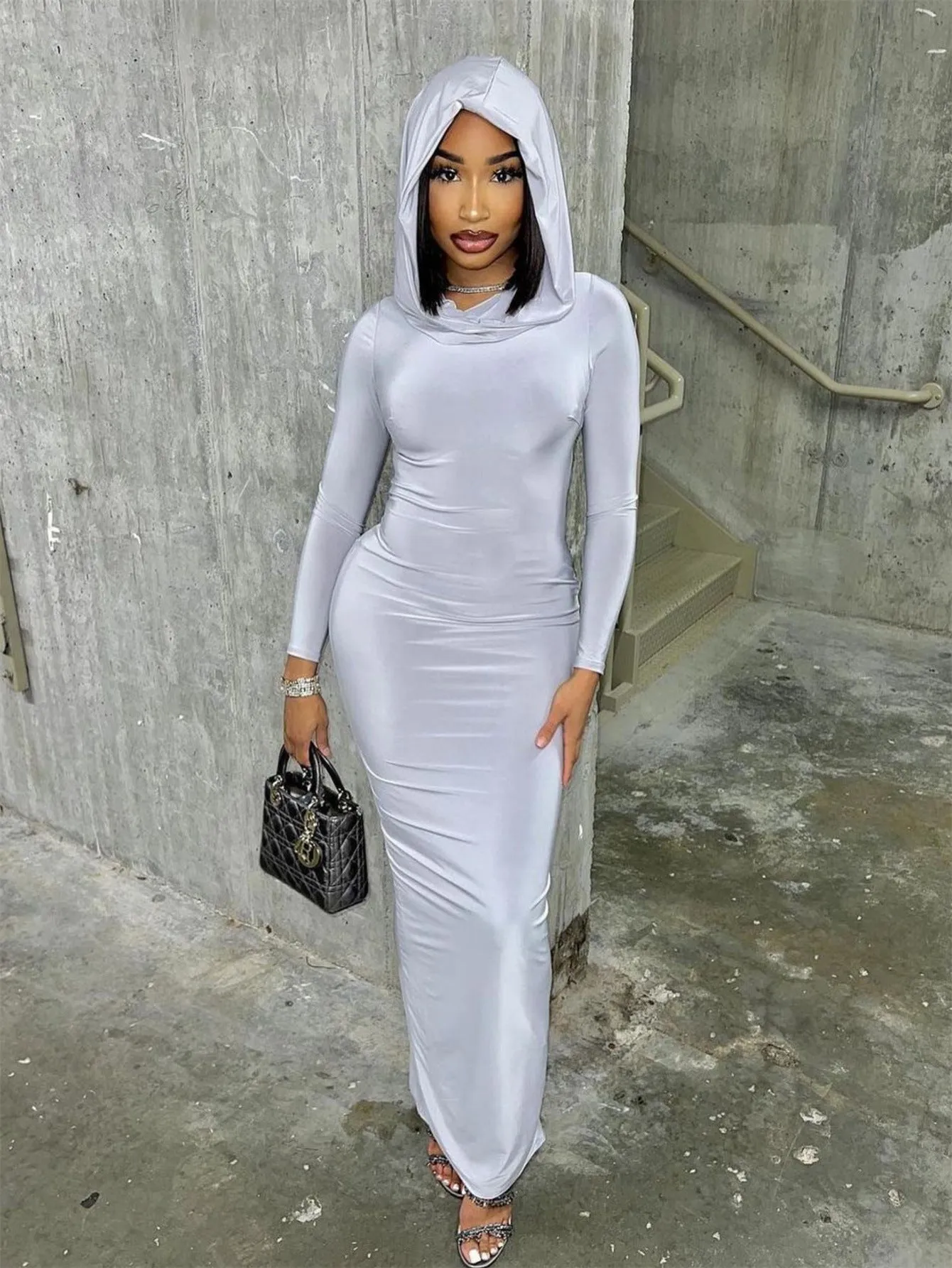 Hooded Solid Color Long Sweater Dress