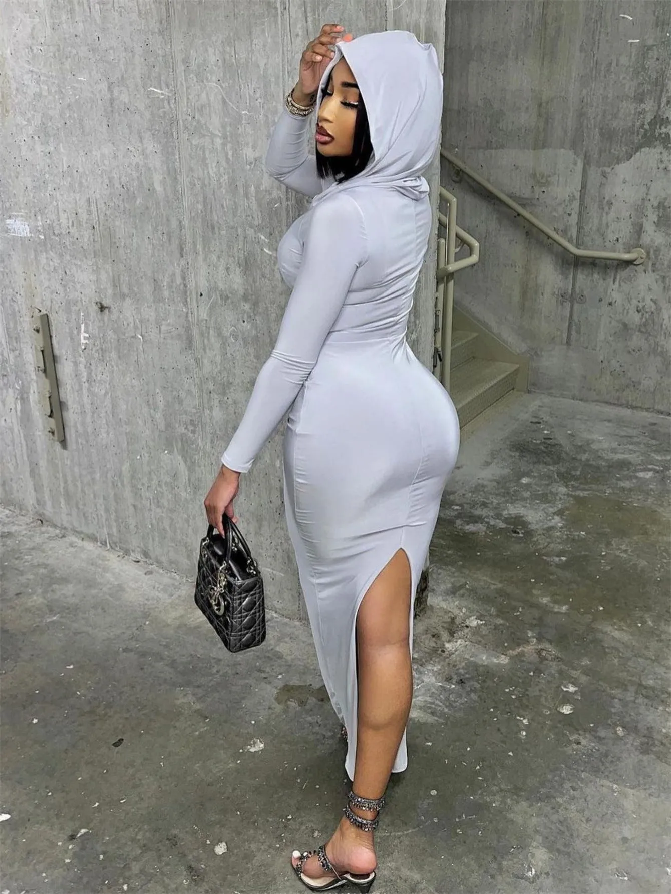 Hooded Solid Color Long Sweater Dress