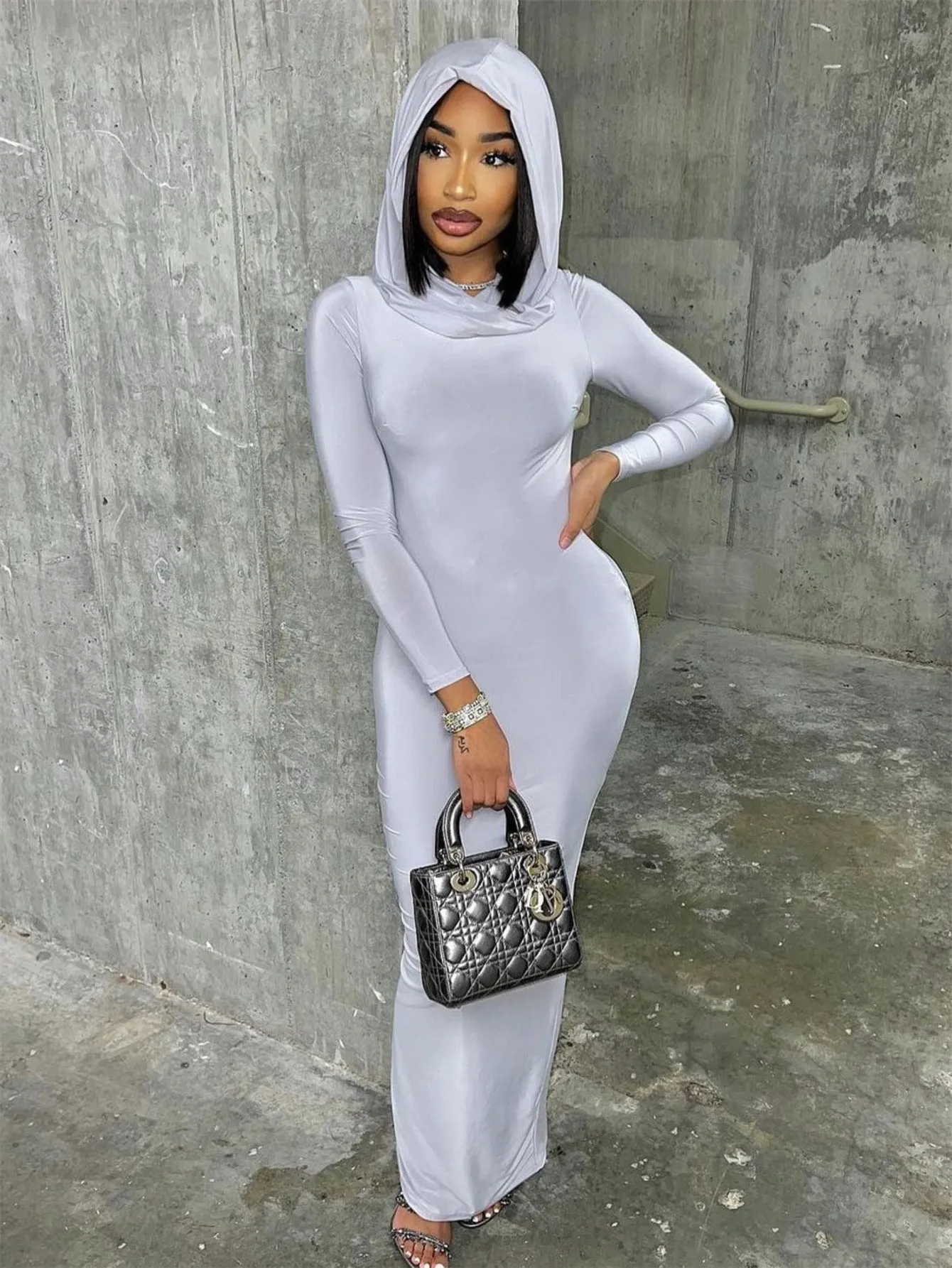 Hooded Solid Color Long Sweater Dress