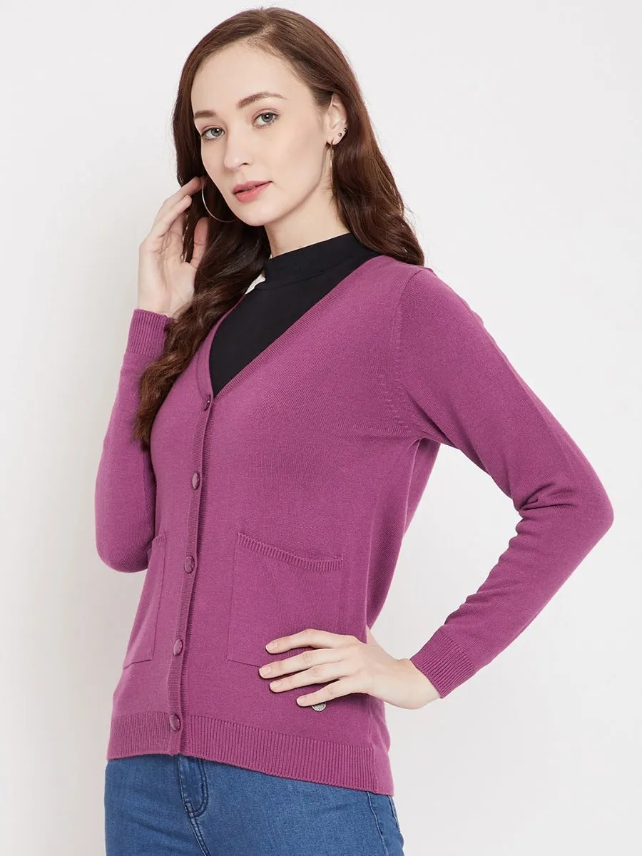 Livfree V-Neck Full Sleeves Solid Cardigan With Front Pockets For Women-Pink