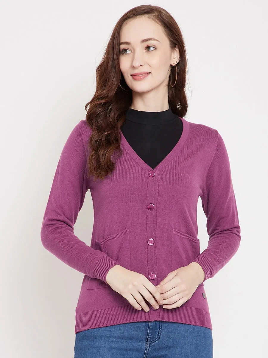 Livfree V-Neck Full Sleeves Solid Cardigan With Front Pockets For Women-Pink