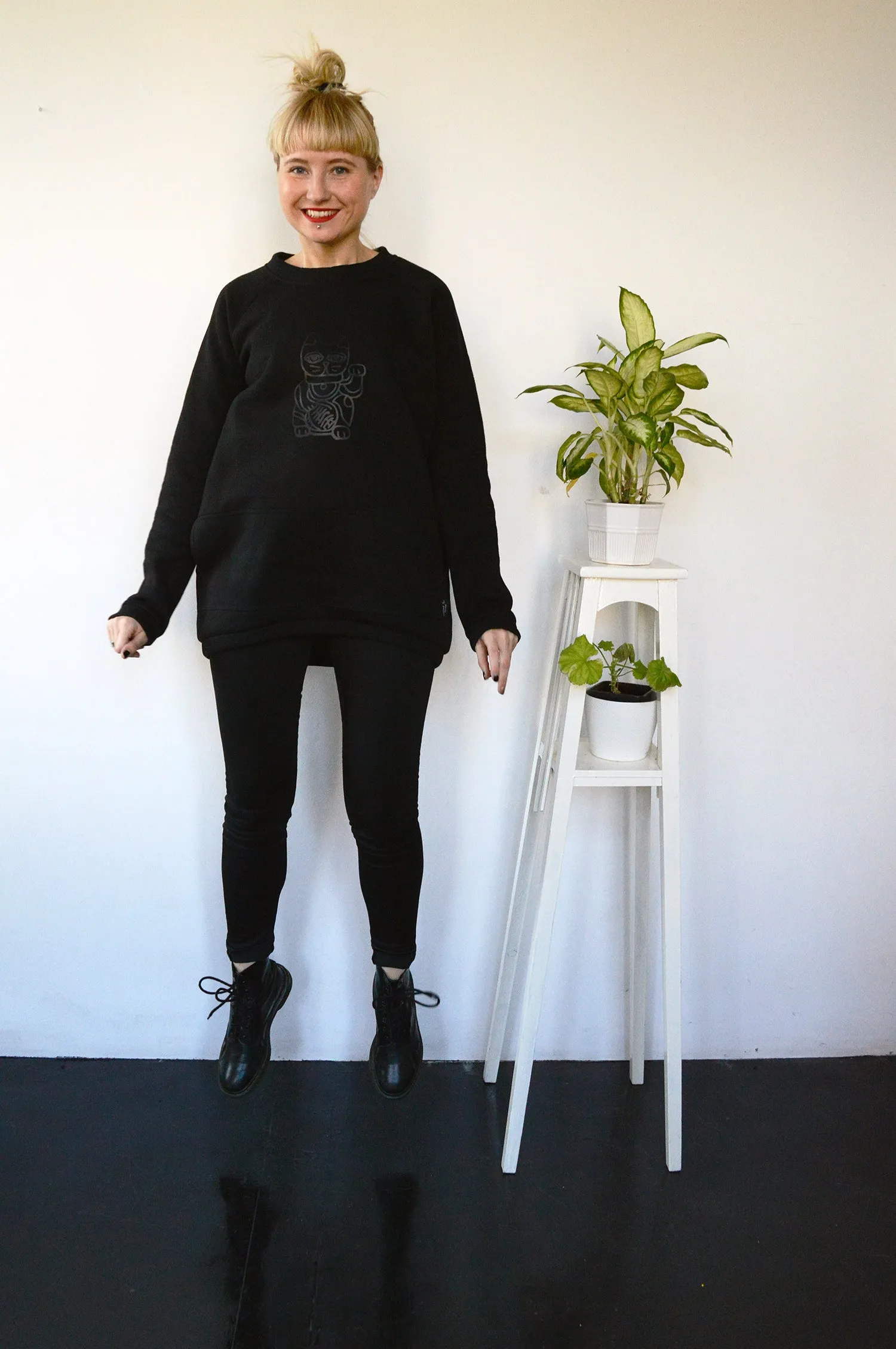 Long and Super Warm Black Unisex Statement Sweater with Lucky Cat - Maneki-Neko Print