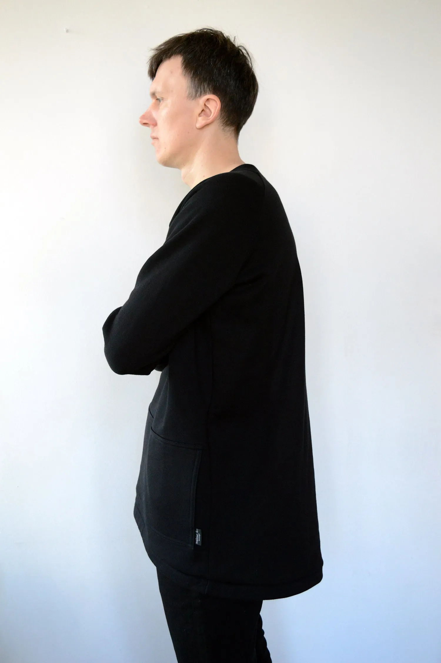 Long and Super Warm Black Unisex Statement Sweater with Lucky Cat - Maneki-Neko Print