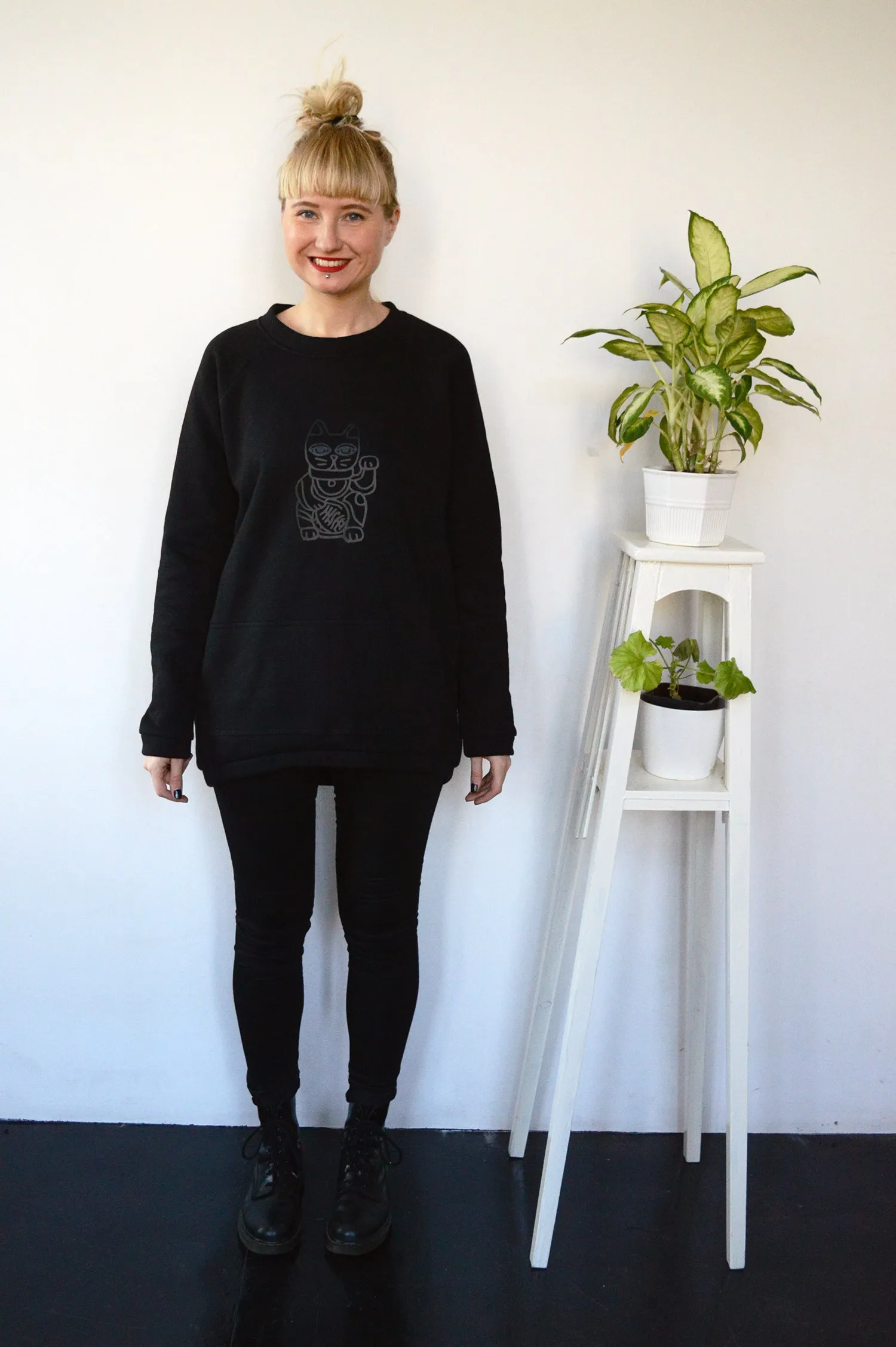 Long and Super Warm Black Unisex Statement Sweater with Lucky Cat - Maneki-Neko Print