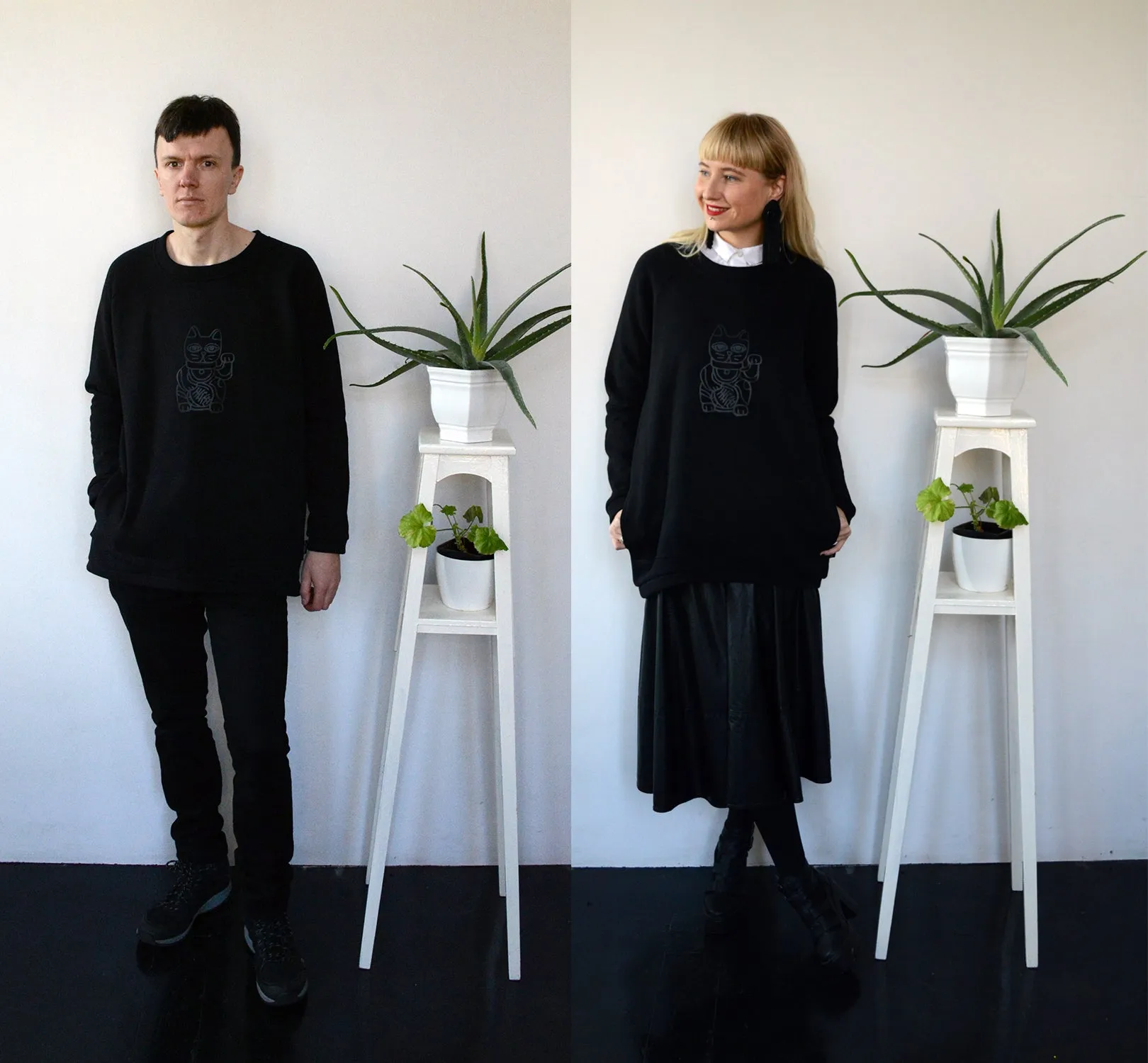 Long and Super Warm Black Unisex Statement Sweater with Lucky Cat - Maneki-Neko Print