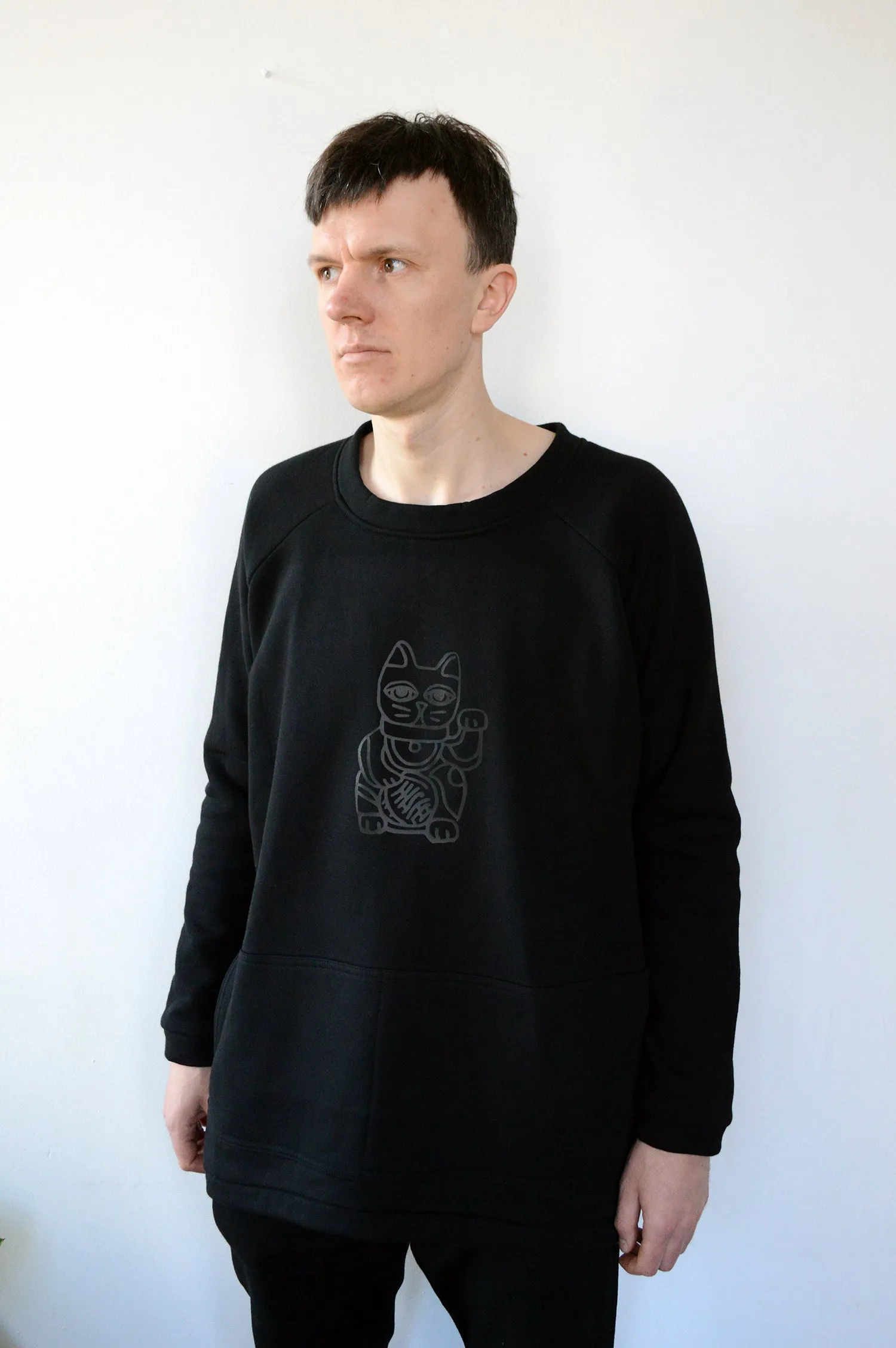 Long and Super Warm Black Unisex Statement Sweater with Lucky Cat - Maneki-Neko Print