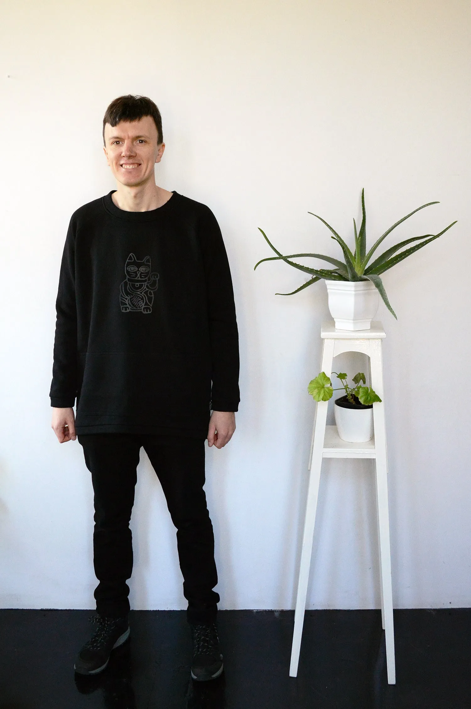 Long and Super Warm Black Unisex Statement Sweater with Lucky Cat - Maneki-Neko Print