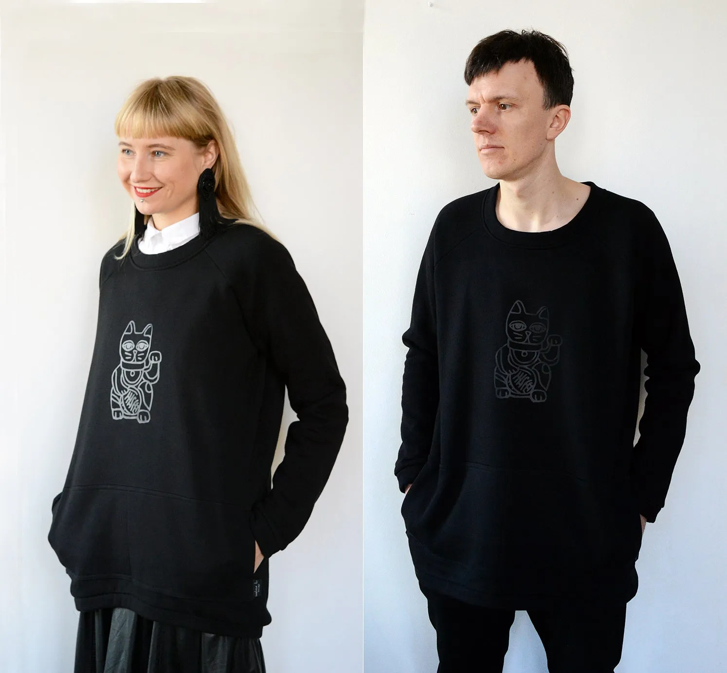 Long and Super Warm Black Unisex Statement Sweater with Lucky Cat - Maneki-Neko Print