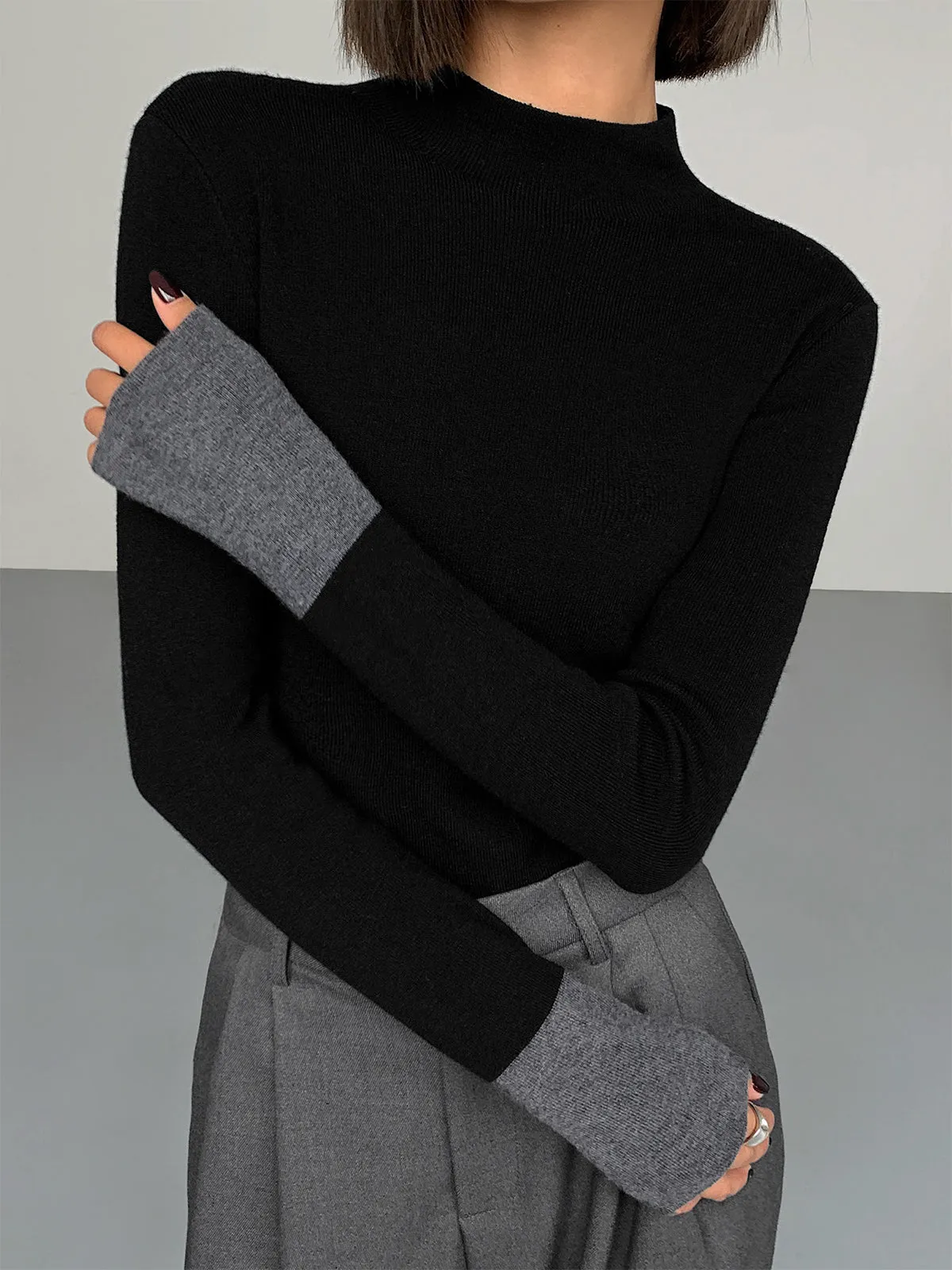 Long Sleeve Contrast Trendy Cuff Knit Top
