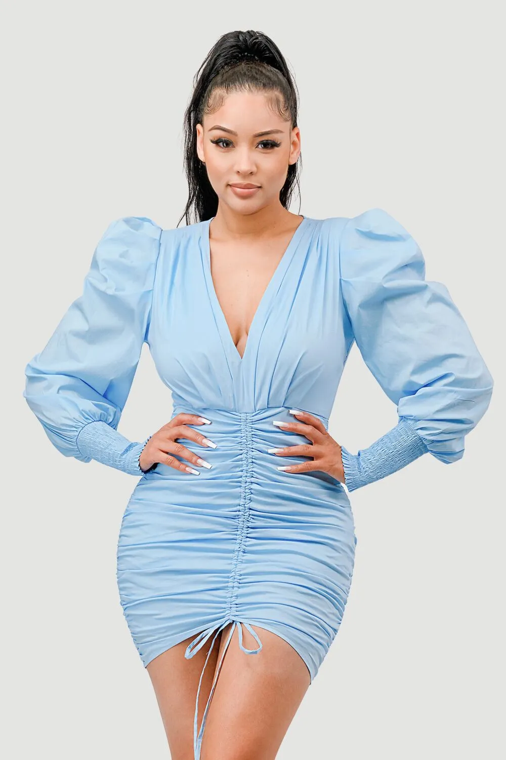 LUXE CHIC RUCHED DEEP-V PUFF SLEEVE MINI DRESS
