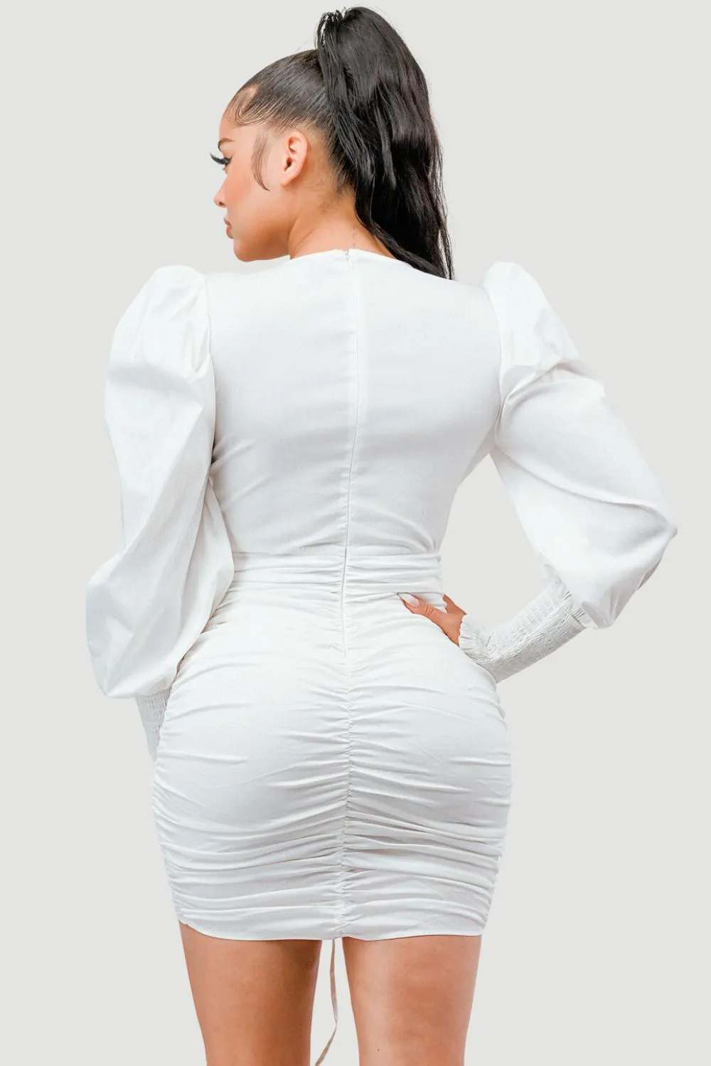 LUXE CHIC RUCHED DEEP-V PUFF SLEEVE MINI DRESS