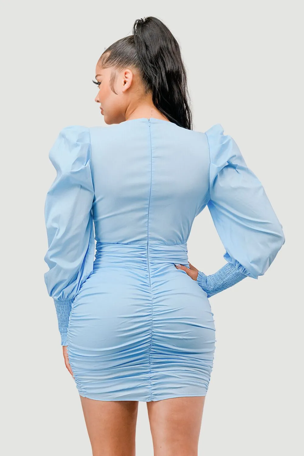 LUXE CHIC RUCHED DEEP-V PUFF SLEEVE MINI DRESS