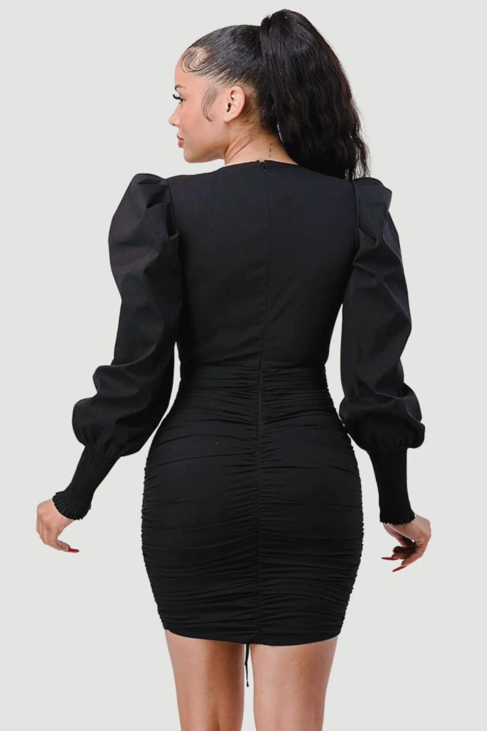 LUXE CHIC RUCHED DEEP-V PUFF SLEEVE MINI DRESS