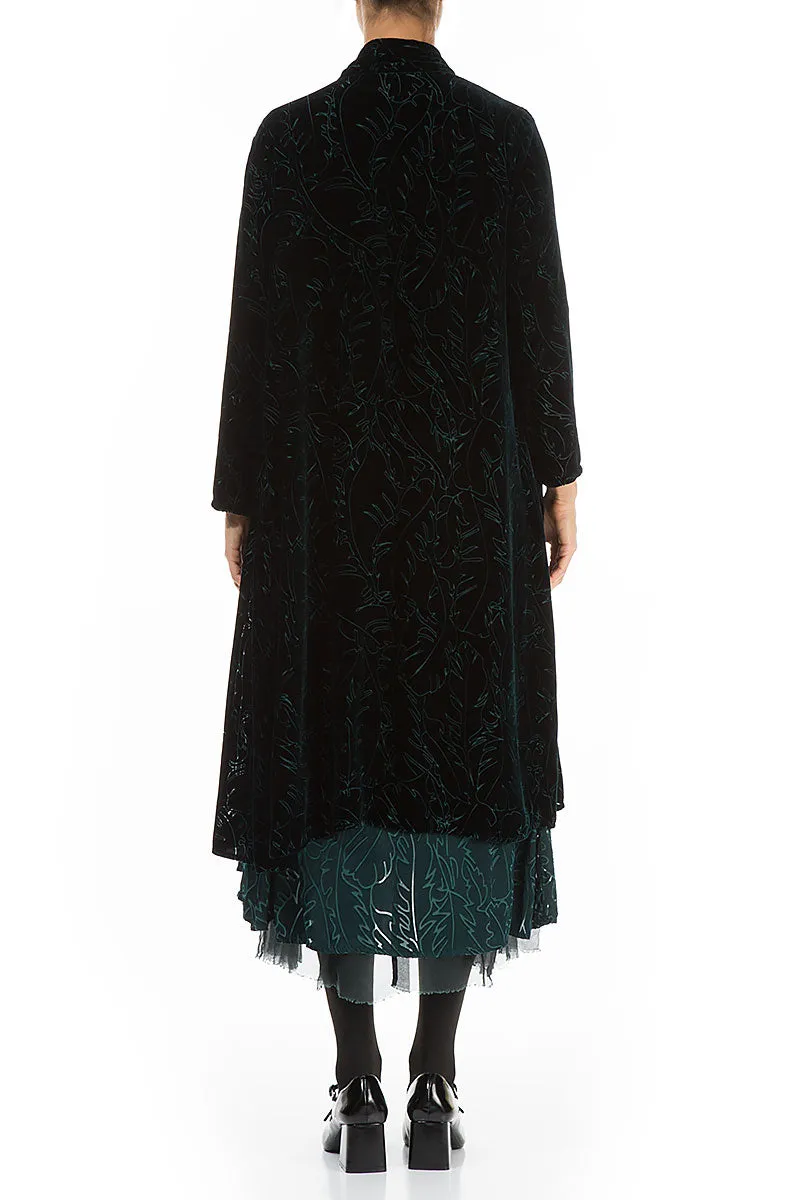 Maxi Open Emerald Devoré Feather Silk Velvet Jacket