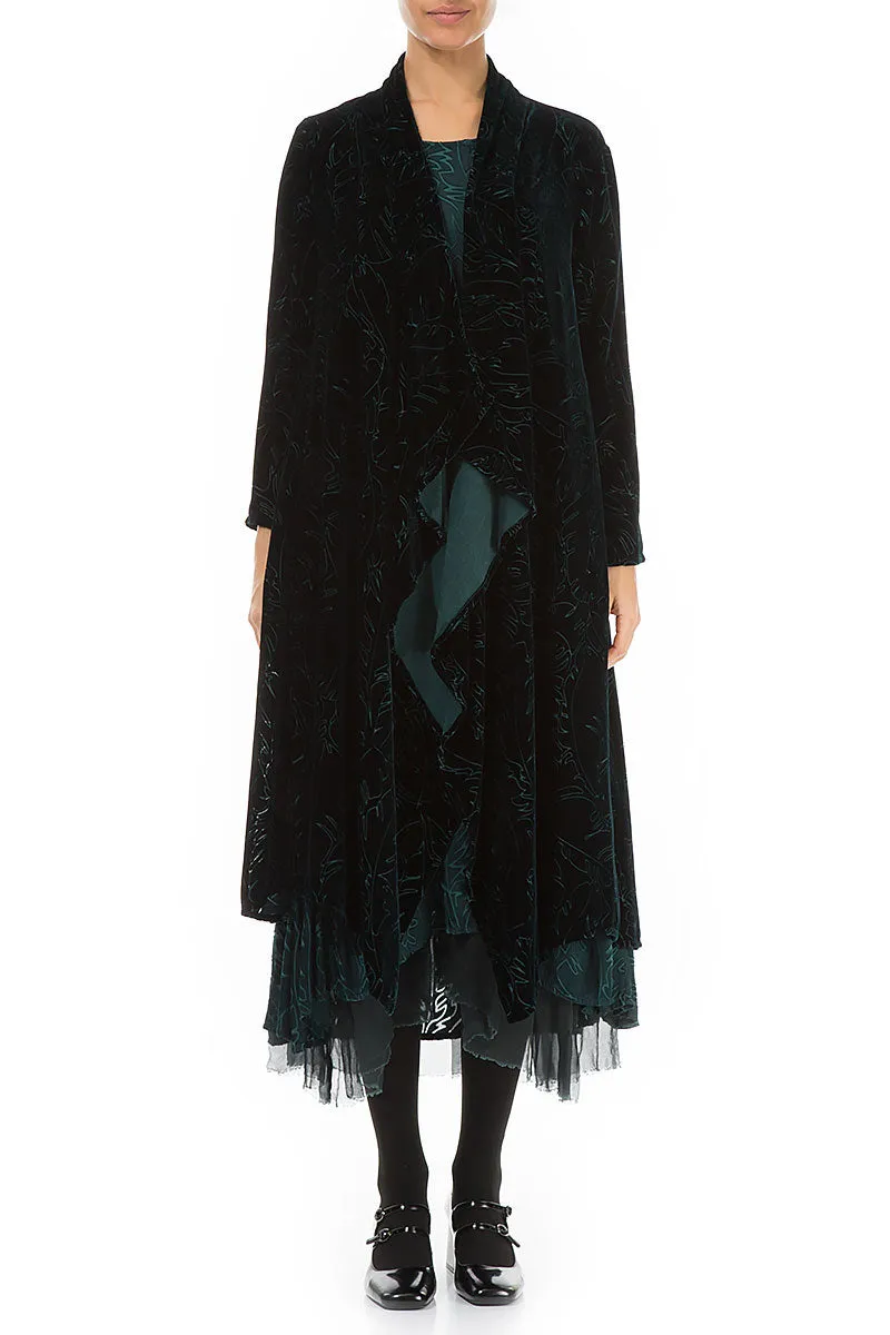 Maxi Open Emerald Devoré Feather Silk Velvet Jacket