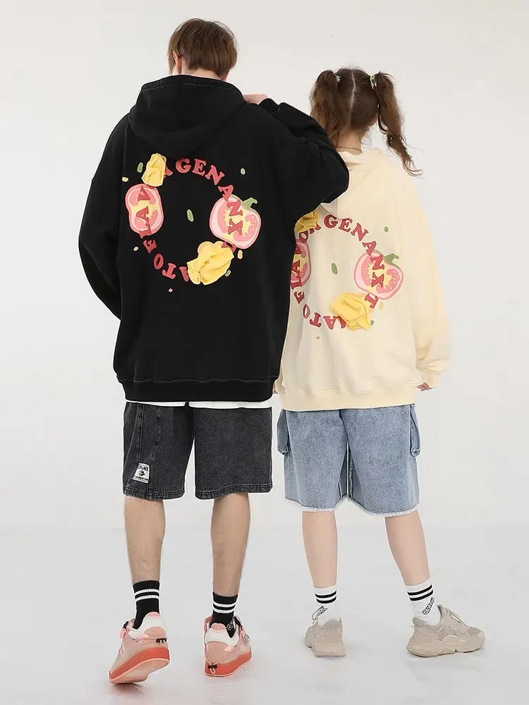Meal Series Tomato Print Patchwork Button Hooded Sweatshirt