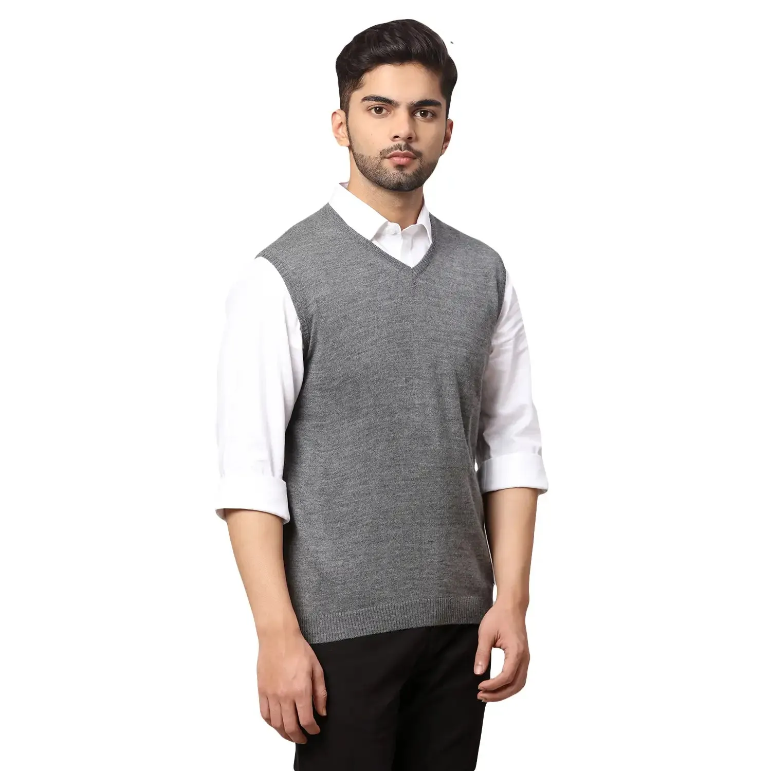 Men Black Regular Fit Solid Wool Blend Sleeveless V Neck Collar Sweaters