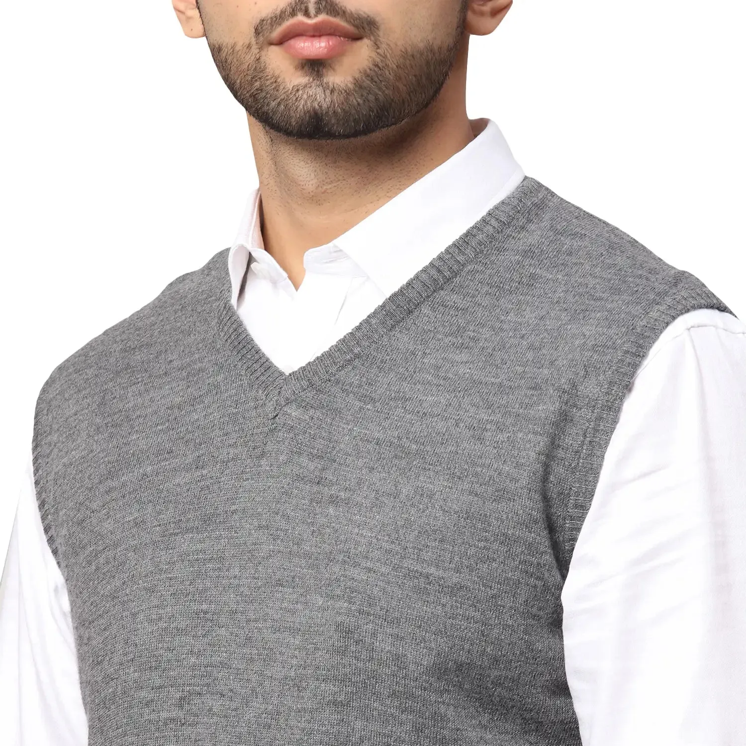 Men Black Regular Fit Solid Wool Blend Sleeveless V Neck Collar Sweaters
