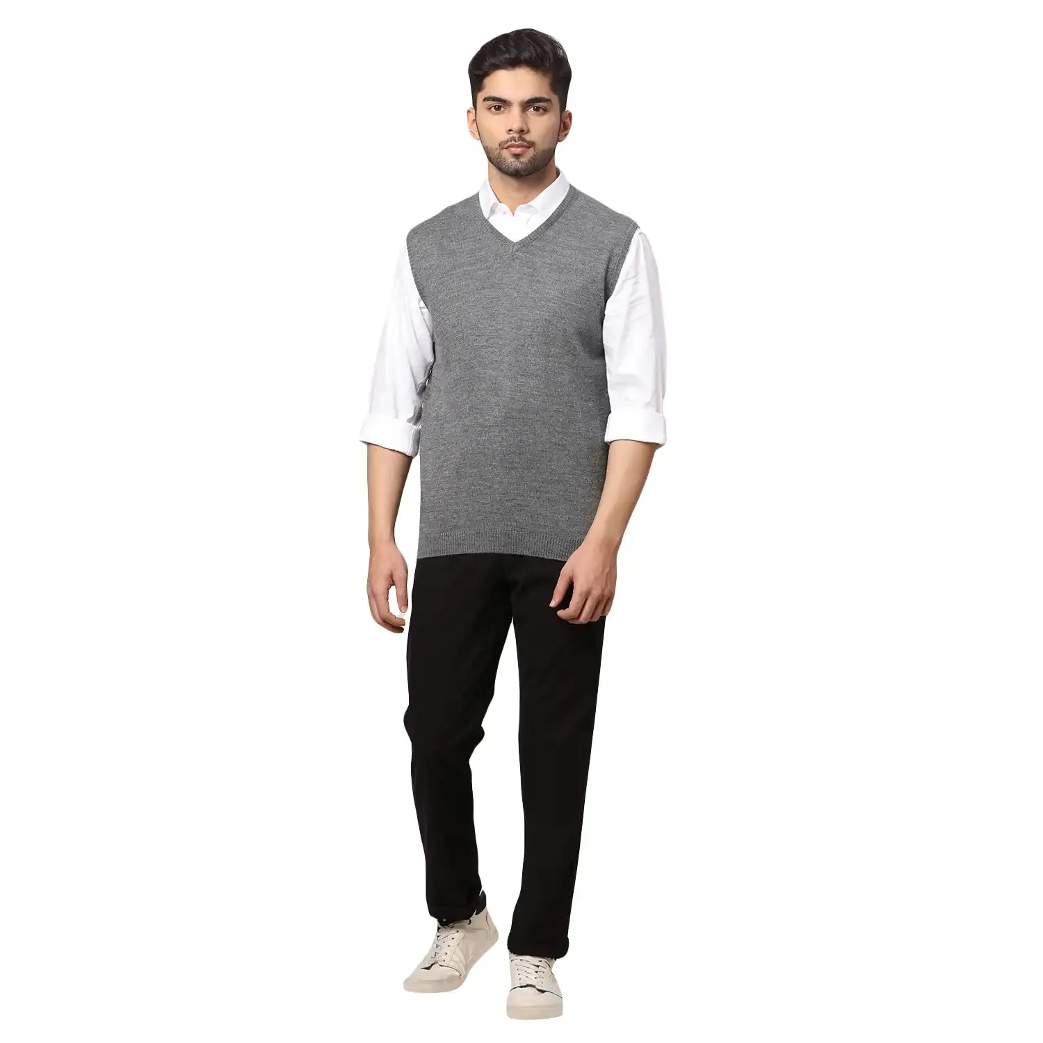 Men Black Regular Fit Solid Wool Blend Sleeveless V Neck Collar Sweaters